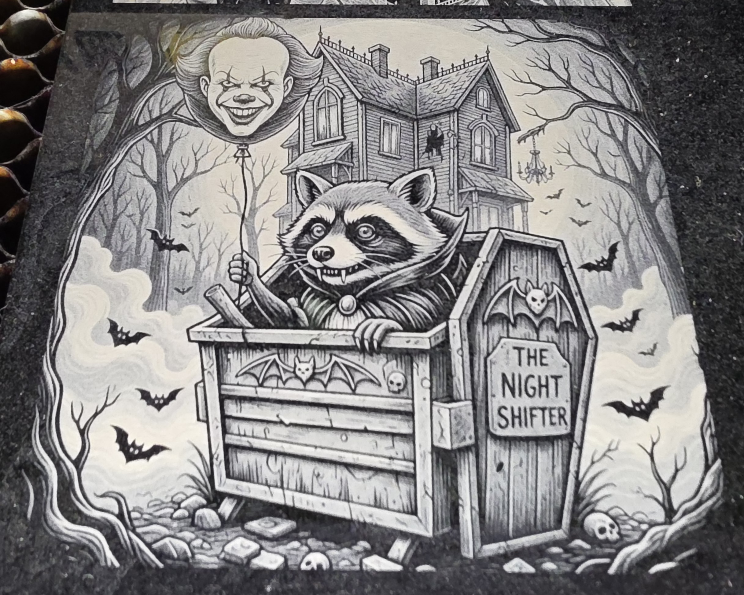 Laser engraved acrylic raccoon sign by Neurospice Design Shop
