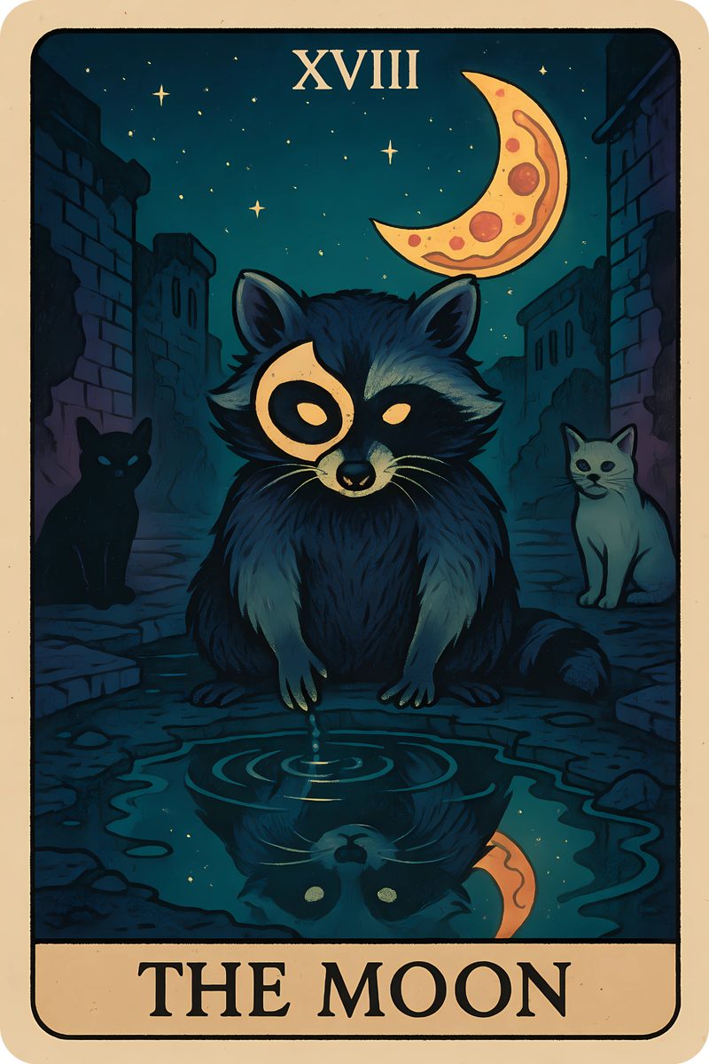 The Moon card art at full size, with the raccoon's face and the pizza crescent moon both clearly reflected in the puddle below