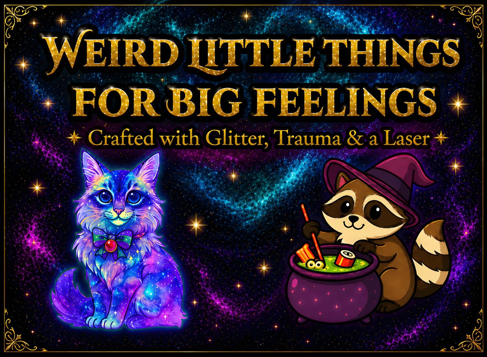 Art. Trauma. Glitter. Repeat. Neurospice Design Shop featured illustration with Scrap the raccoon