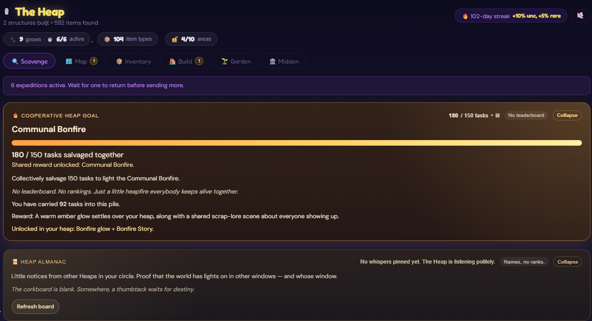 The Communal Bonfire cooperative goal screen, fully lit, showing tasks salvaged together with no leaderboard