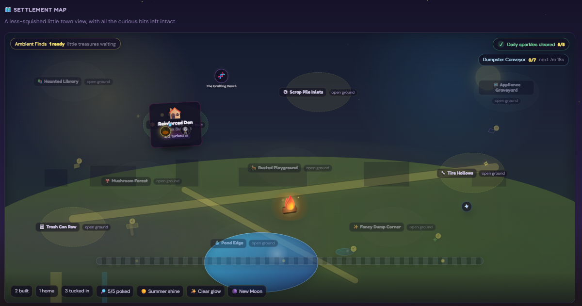 The Heap settlement screen showing built structures, scavenge progress, and a communal bonfire goal