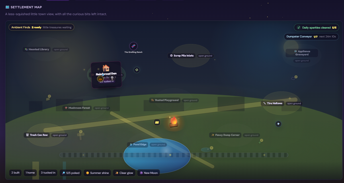 The Trash Quest settlement map showing areas like Haunted Library, Scrap Pile Inlets, Mushroom Forest, Rusted Playground, Tire Hollows, Fancy Dump Corner, Pond Edge, and Appliance Graveyard around a glowing communal bonfire