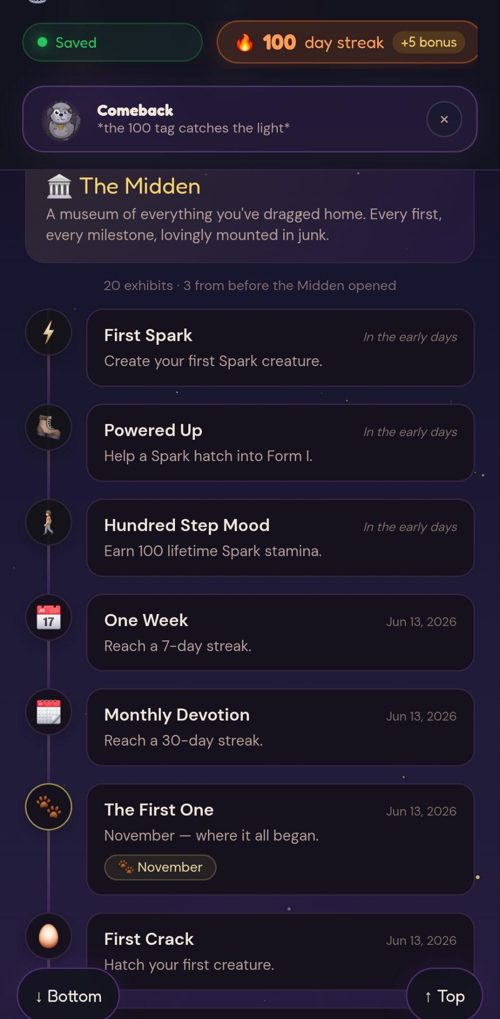 The Midden achievement gallery, a timeline of milestones like First Spark, One Week, and Monthly Devotion mounted as exhibits