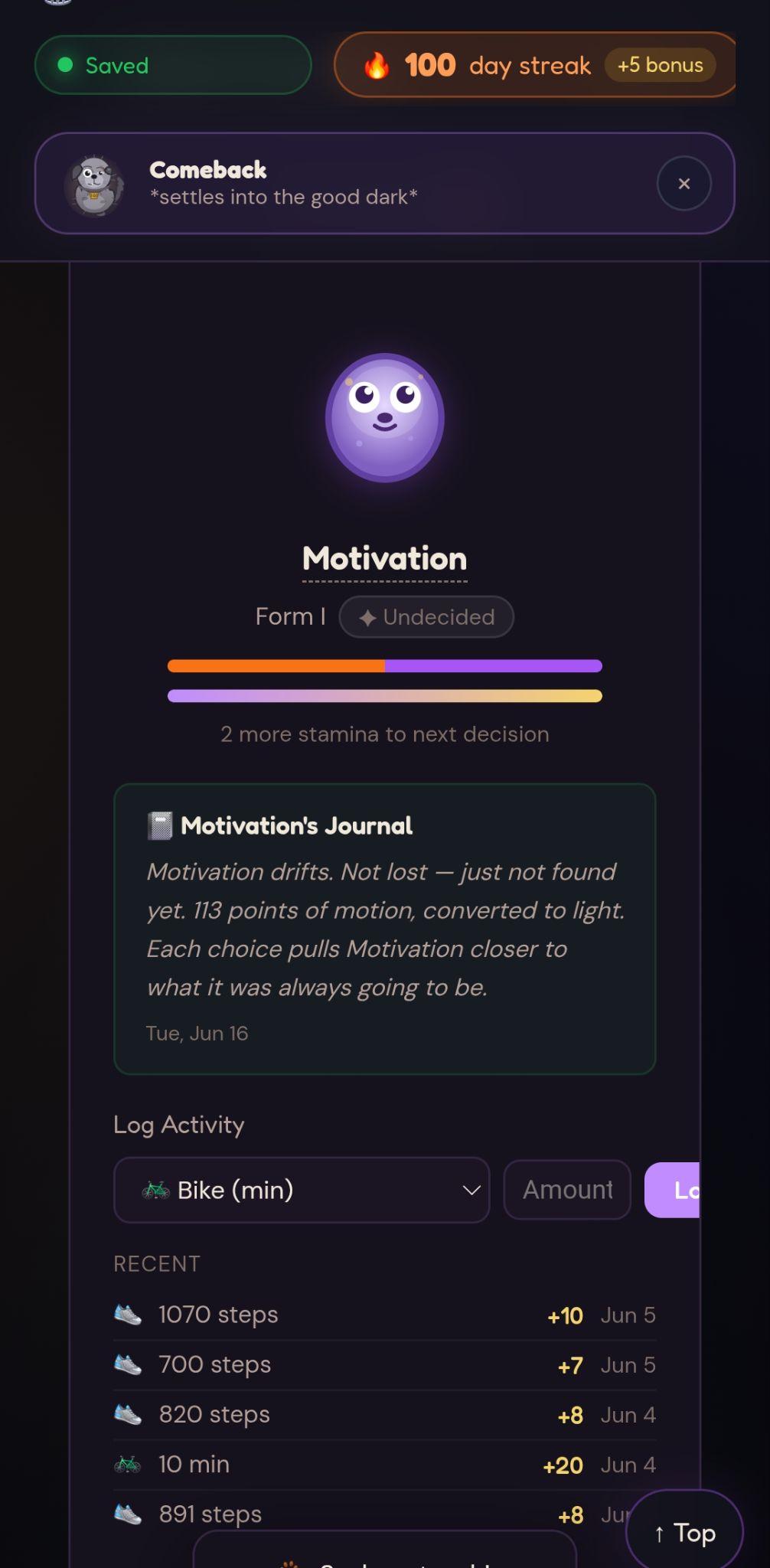 Motivation the Spark creature, a glowing purple orb at Form I, with an activity log of bike rides and walks
