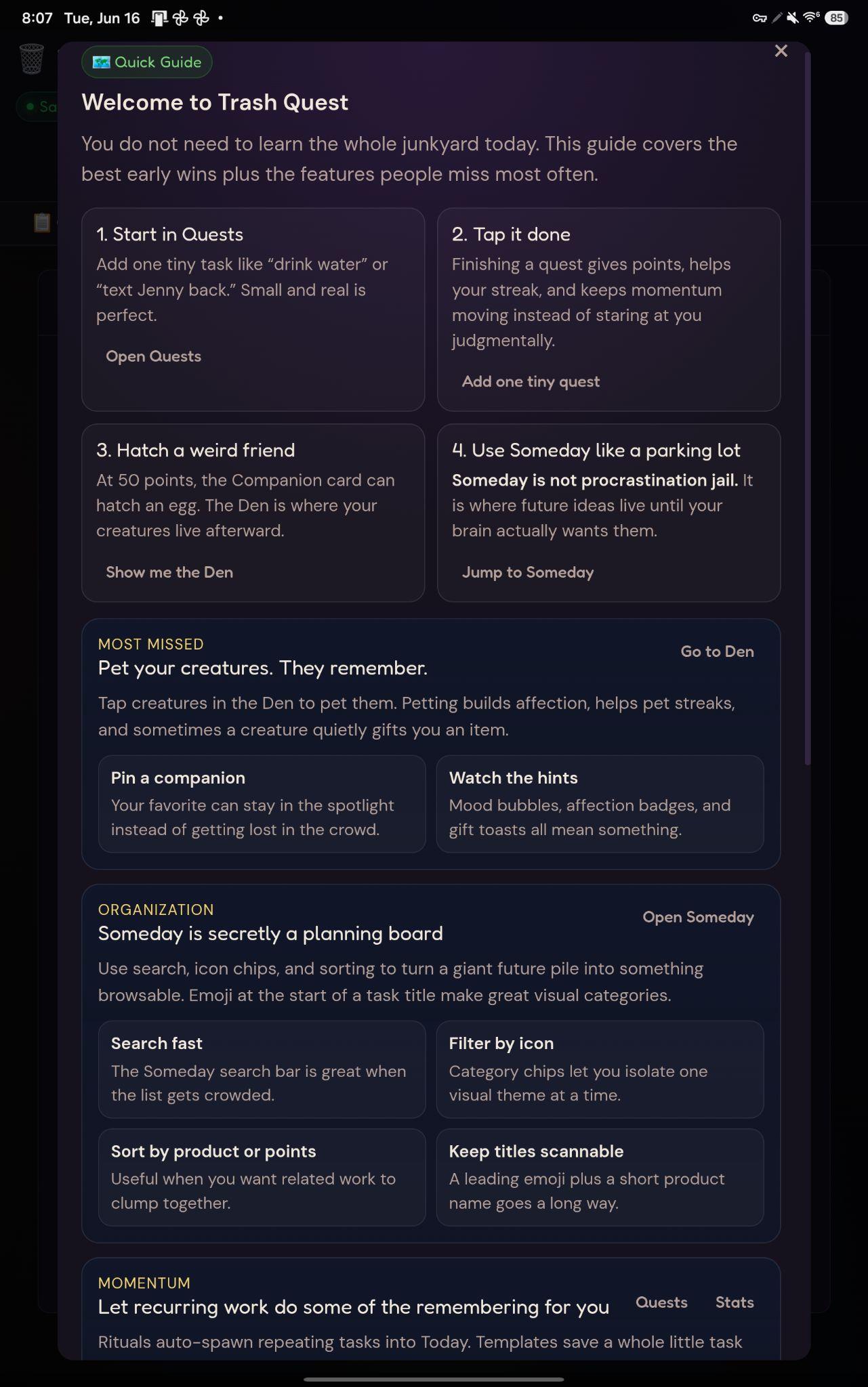 The Quick Guide onboarding screen reassuring new players they don't need to learn everything at once