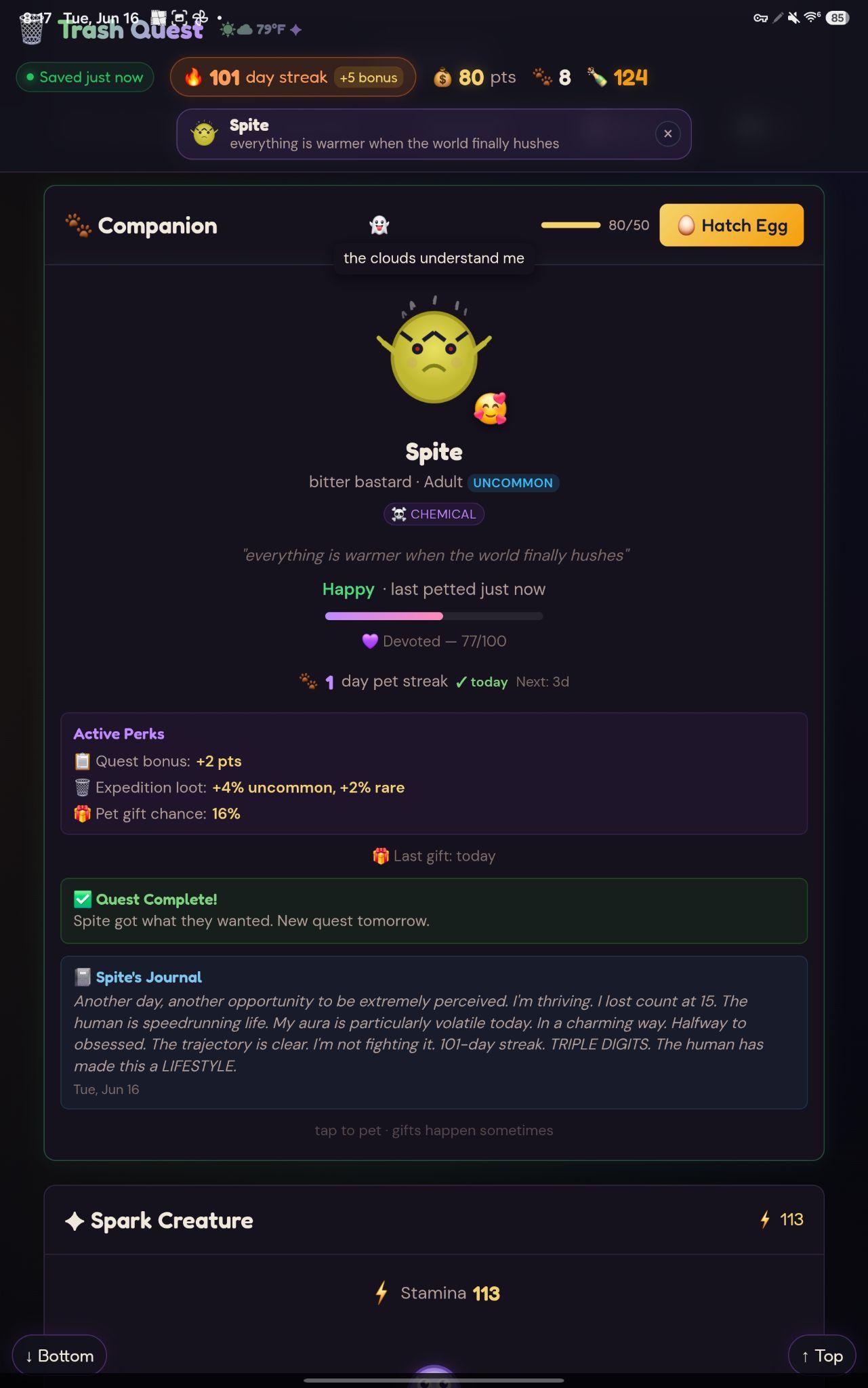 Spite the companion creature, a scowling yellow Bitter Bastard with a Devoted affection meter and a generated journal entry