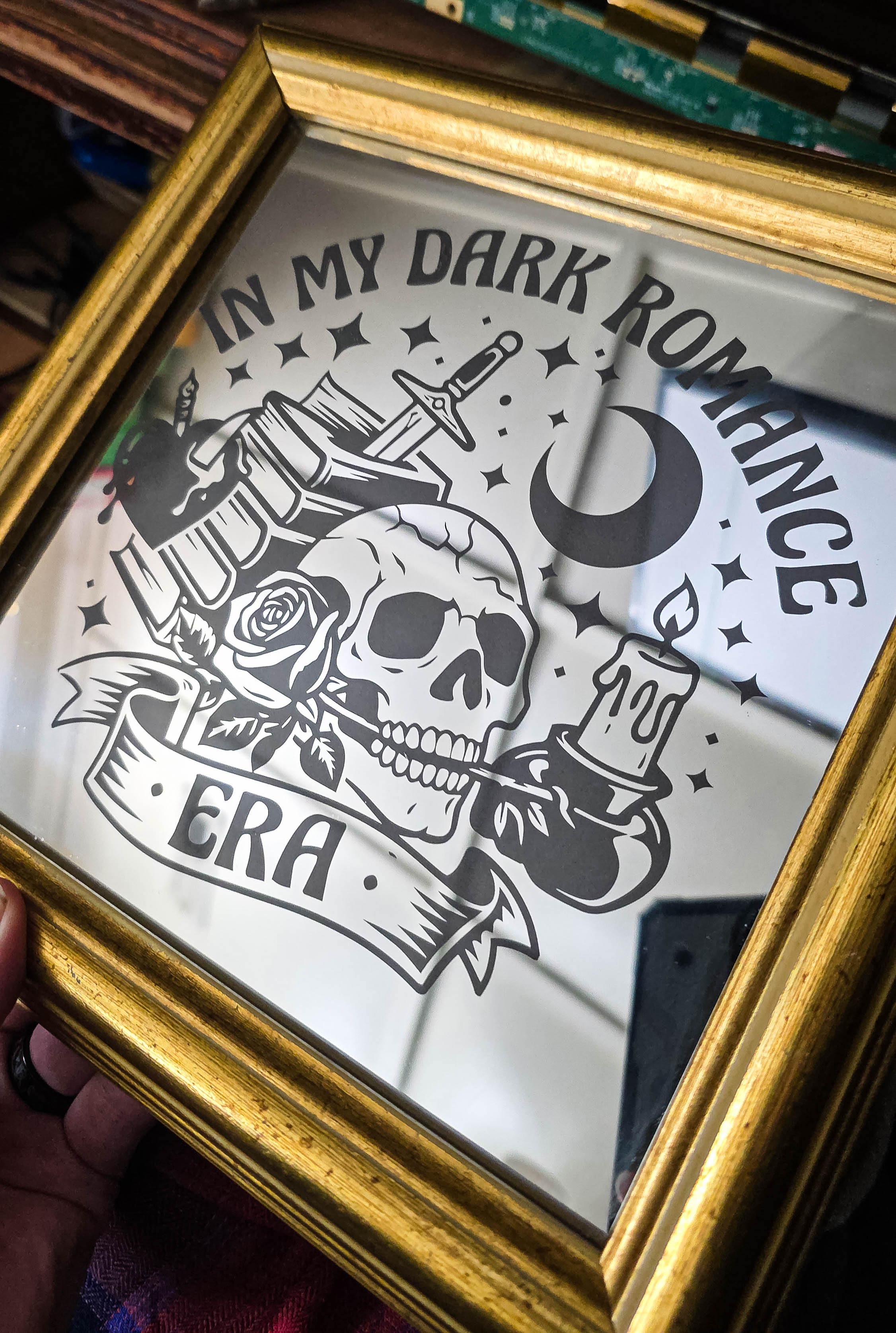 Laser engraved vintage mirror with dark romance design by Neurospice Design Shop